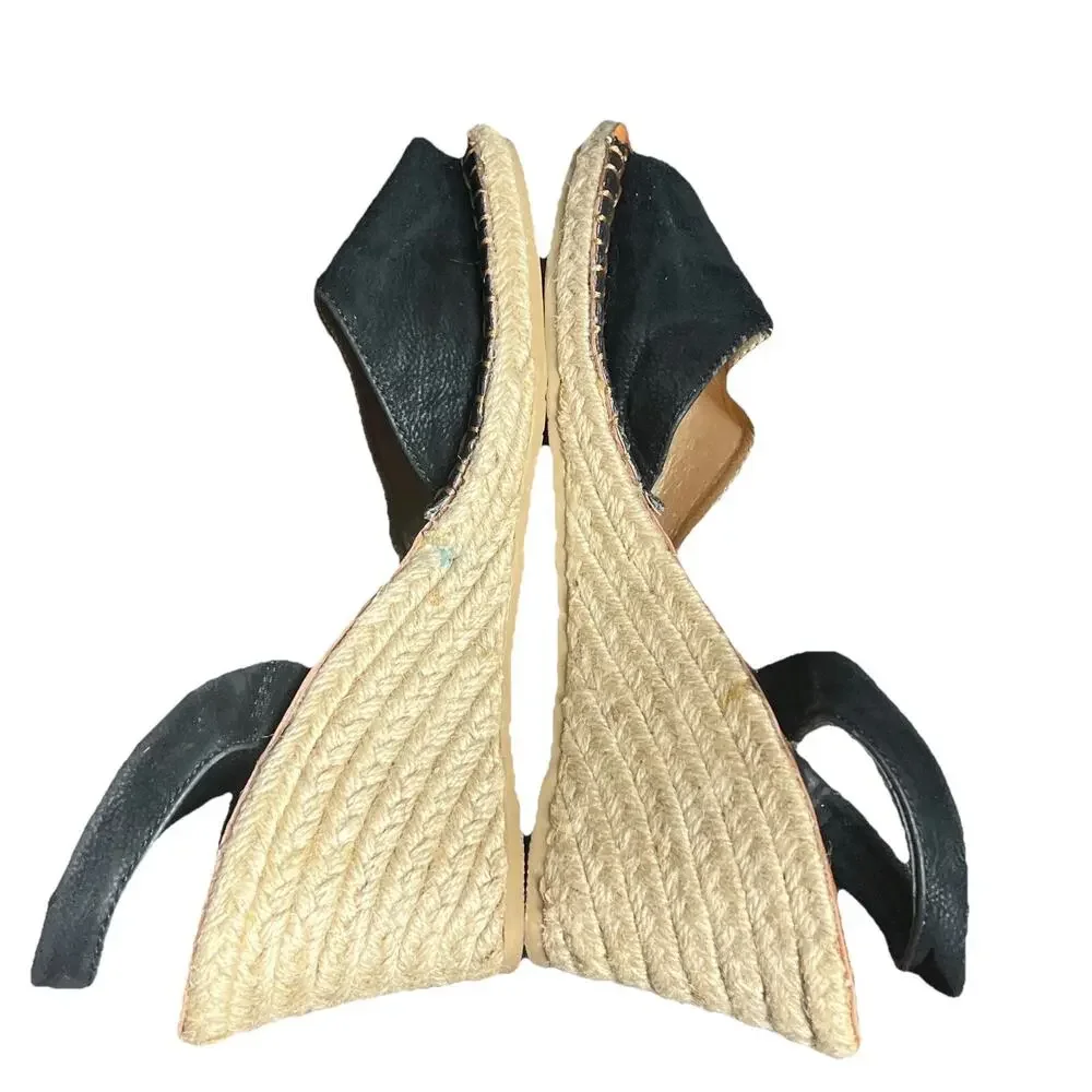 Makers Espadrille Wedge Sandals Womens 8 Black Sling Back Jute Boho Chic Summer